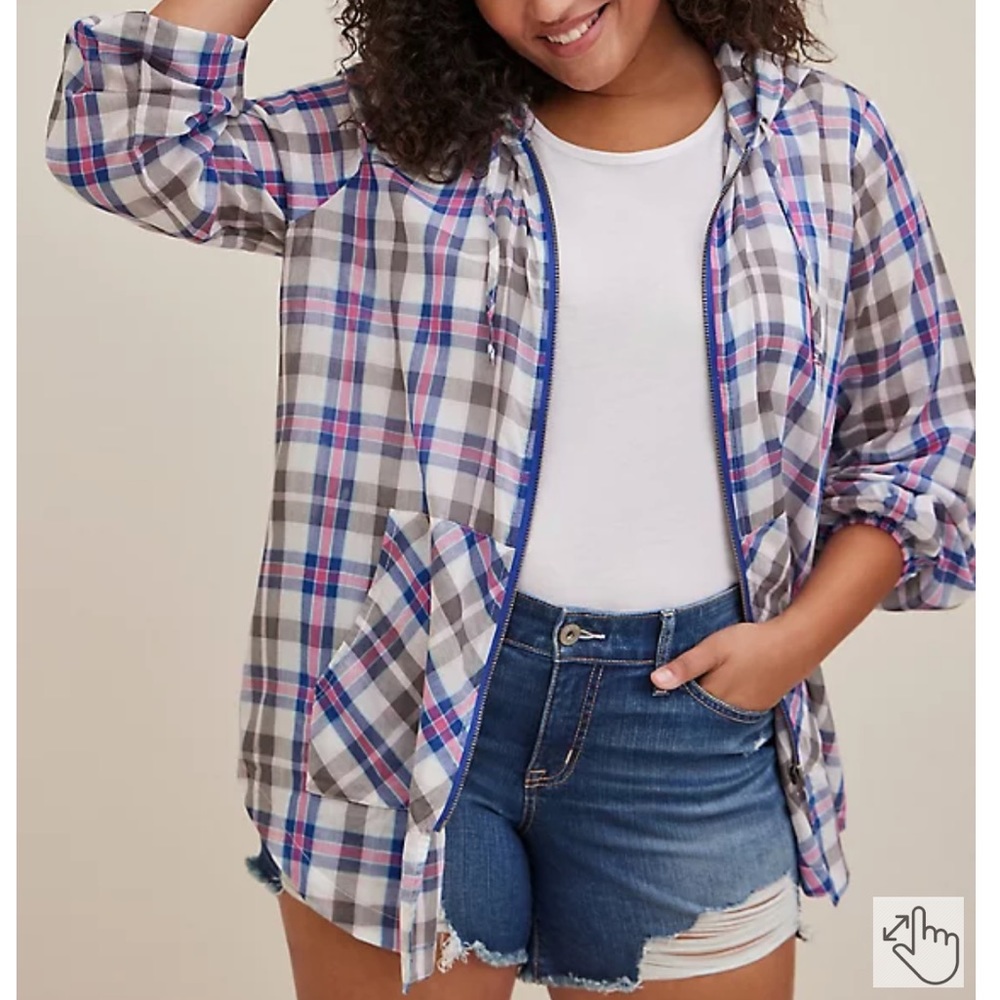 Torrid Long Line Zip Up Jacket - Voile Plaid Blue Size 1